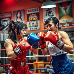 A dynamic scene of Japanese women boxing in a vibrant gym setting