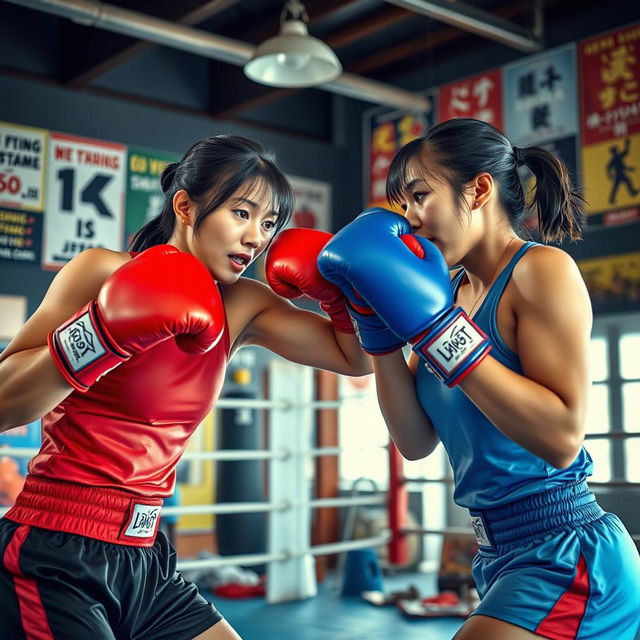 A dynamic scene of Japanese women boxing in a vibrant gym setting