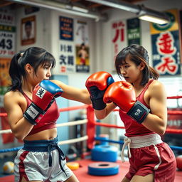 A dynamic scene of Japanese women boxing in a vibrant gym setting