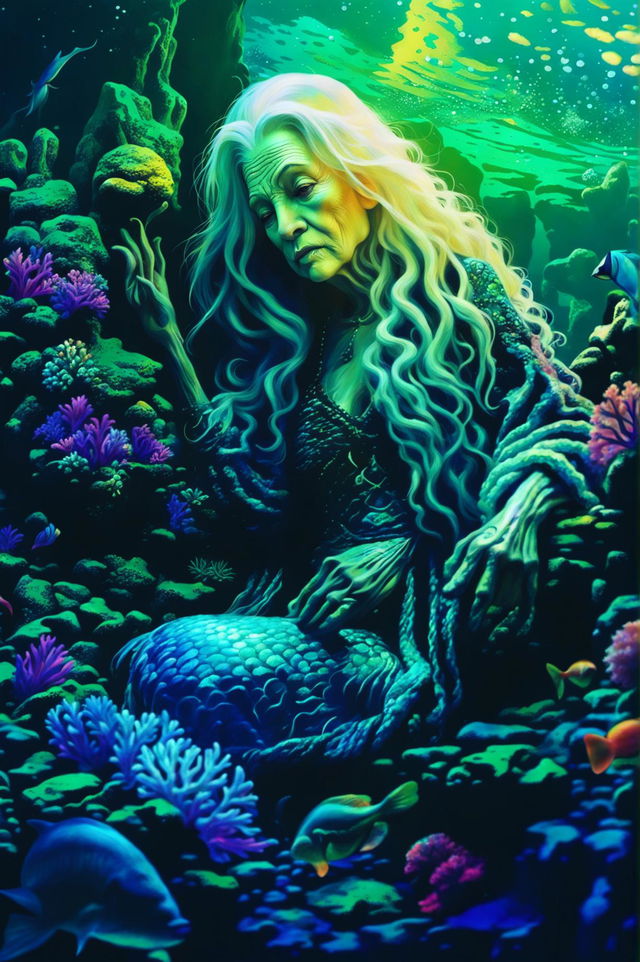 A high-quality digital art image depicting a geriatric mermaid in a vibrant underwater kingdom