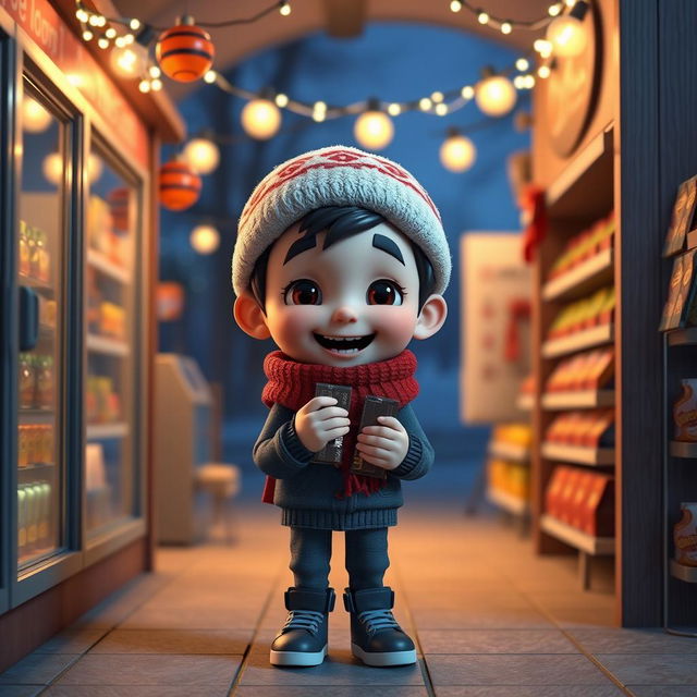 An animated 3D scene featuring a joyful 5-year-old boy named Nil, who is happily holding and eating chocolates in a mini grocery store