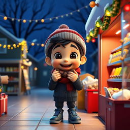 An animated 3D scene featuring a joyful 5-year-old boy named Nil, who is happily holding and eating chocolates in a mini grocery store