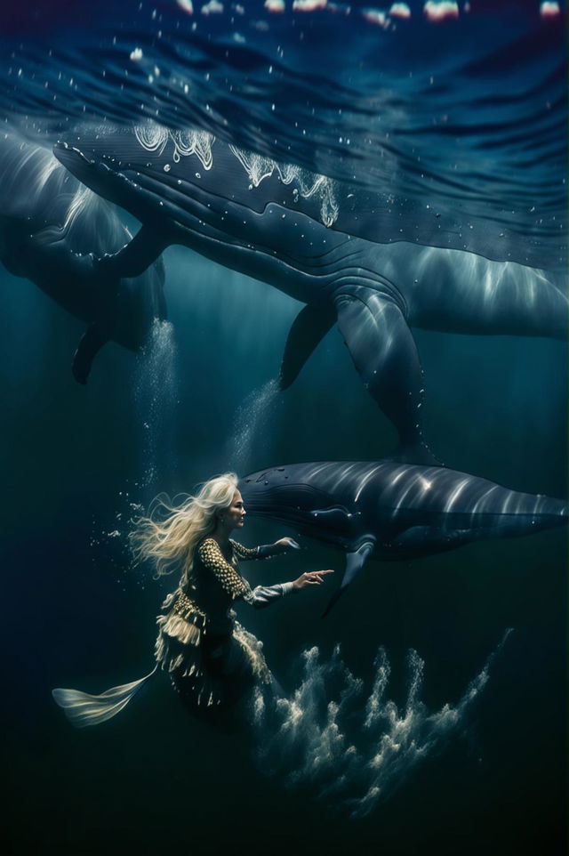 This high-resolution underwater photograph features a serene and content geriatric mermaid swimming with majestic whales