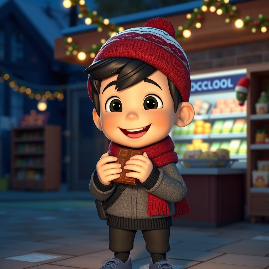 An animated 3D scene featuring a joyful 5-year-old boy named Nil, who is happily holding and eating chocolates in a mini grocery store