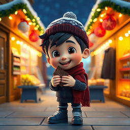 An animated 3D scene featuring a joyful 5-year-old boy named Nil, who is happily holding and eating chocolates in a mini grocery store