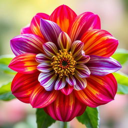 A vibrant and stunning hybrid flower featuring petals from a variety of flowers including daffodil, rose, violet, jasmine, and pomegranate flower