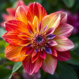 A vibrant and stunning hybrid flower featuring petals from a variety of flowers including daffodil, rose, violet, jasmine, and pomegranate flower