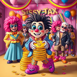 A whimsical and colorful interpretation of the concept of 'sissy tax', featuring a playful scene with exaggerated, cartoonish characters embodying the theme of playful gender expression