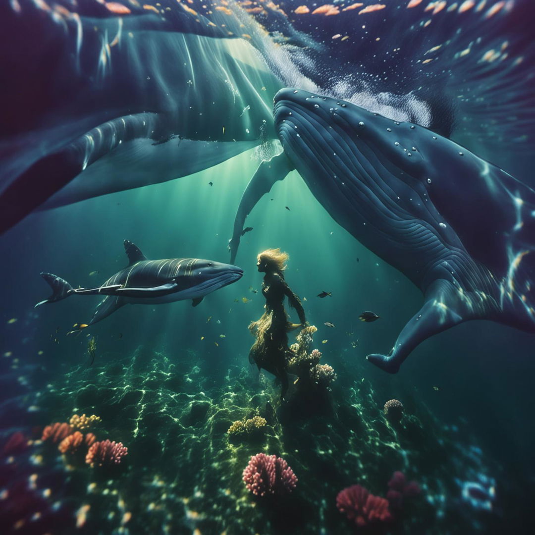 The image showcases a peaceful scene of a geriatric mermaid swimming with a large whale, captured in high definition through a cinematic wide-angle underwater camera