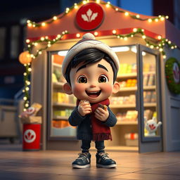 An animated 3D scene featuring a delighted 6-year-old boy named Nil, who is gleefully eating chocolates in a mini grocery store located inside a school