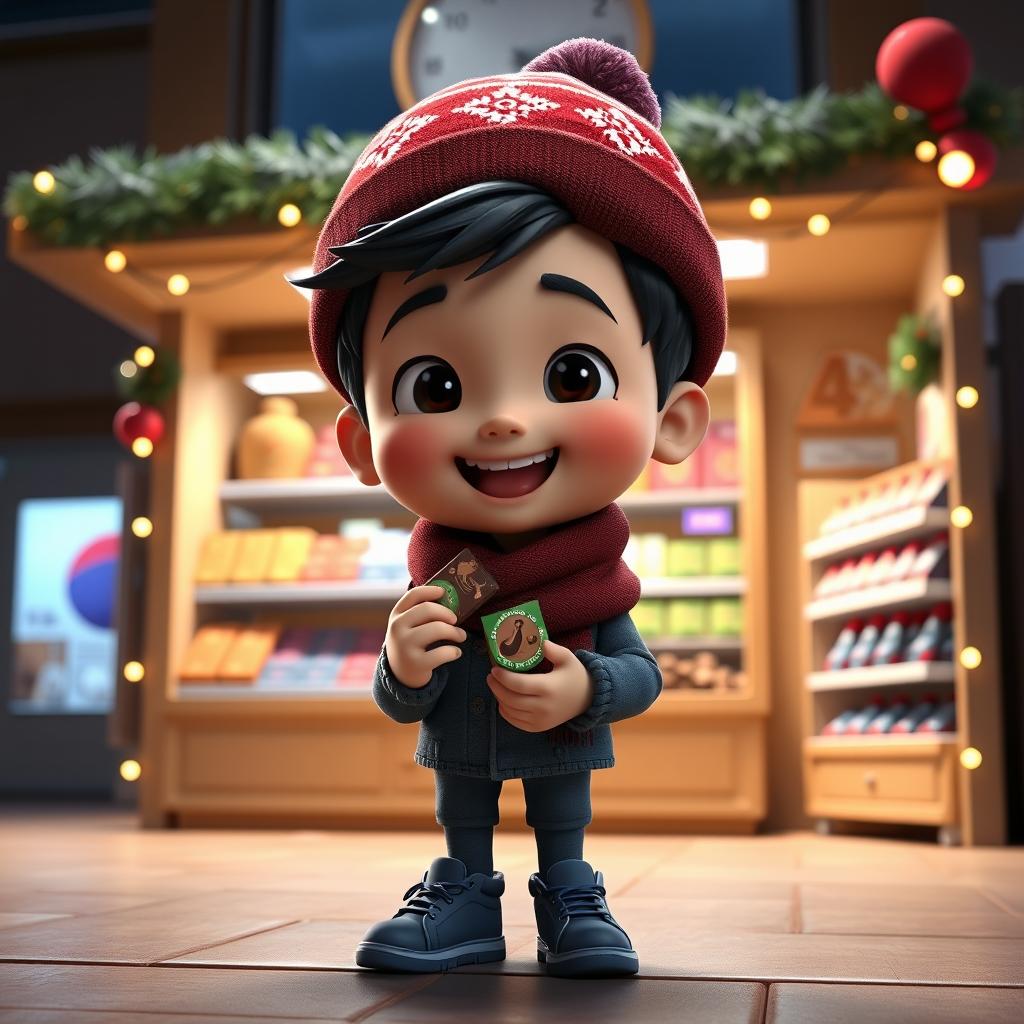 An animated 3D scene featuring a delighted 6-year-old boy named Nil, who is gleefully eating chocolates in a mini grocery store located inside a school