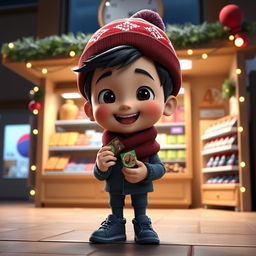 An animated 3D scene featuring a delighted 6-year-old boy named Nil, who is gleefully eating chocolates in a mini grocery store located inside a school