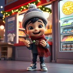 An animated 3D scene featuring a delighted 6-year-old boy named Nil, who is gleefully eating chocolates in a mini grocery store located inside a school