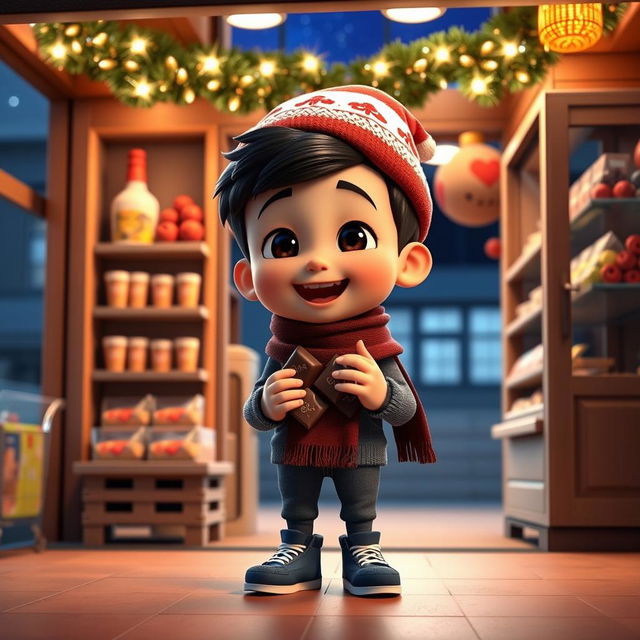 An animated 3D scene featuring a delighted 6-year-old boy named Nil, who is gleefully eating chocolates in a mini grocery store located inside a school