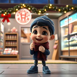 An animated 3D scene featuring a cheerful 6-year-old boy named Nil, who is exuberantly eating chocolates in a mini store located inside a school