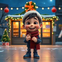 An animated 3D scene featuring a cheerful 6-year-old boy named Nil, who is exuberantly eating chocolates in a mini store located inside a school