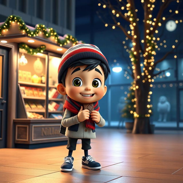 An animated 3D scene featuring a cheerful 6-year-old boy named Nil, who is exuberantly eating chocolates in a mini store located inside a school