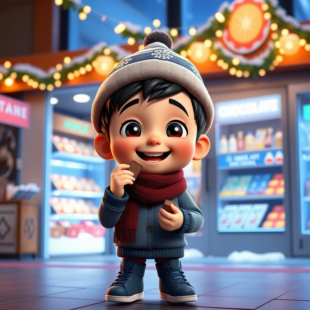 An animated 3D scene featuring a cheerful 6-year-old boy named Nil, who is exuberantly eating chocolates in a mini store located inside a school