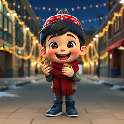 An animated 3D scene featuring a delighted 6-year-old boy named Nil, who is joyfully holding and eating chocolates and snacks