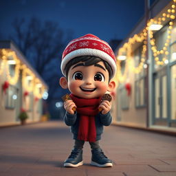 An animated 3D scene featuring a delighted 6-year-old boy named Nil, who is joyfully holding and eating chocolates and snacks