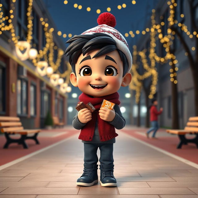 An animated 3D scene featuring a delighted 6-year-old boy named Nil, who is joyfully holding and eating chocolates and snacks