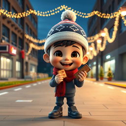 An animated 3D scene featuring a delighted 6-year-old boy named Nil, who is joyfully holding and eating chocolates and snacks