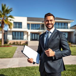 A highly charismatic and professional real estate agent standing confidently in front of a luxurious modern house