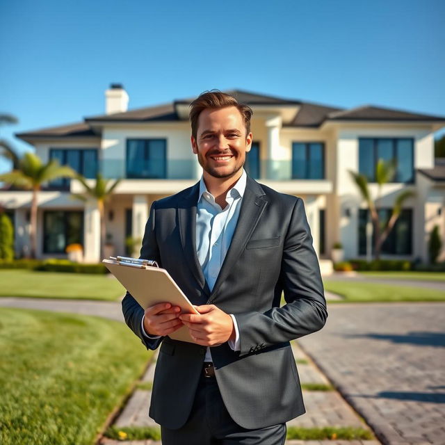 A highly charismatic and professional real estate agent standing confidently in front of a luxurious modern house