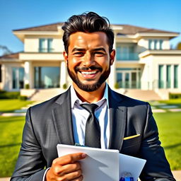 A highly charismatic and professional real estate agent standing confidently in front of a luxurious modern house