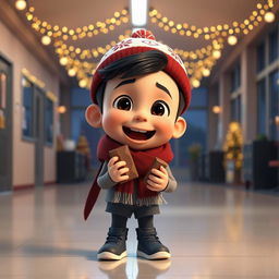 An animated 3D scene depicting a joyful 6-year-old boy named Nil, who is gleefully eating chocolates inside a school