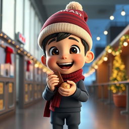 An animated 3D scene depicting a joyful 6-year-old boy named Nil, who is gleefully eating chocolates inside a school
