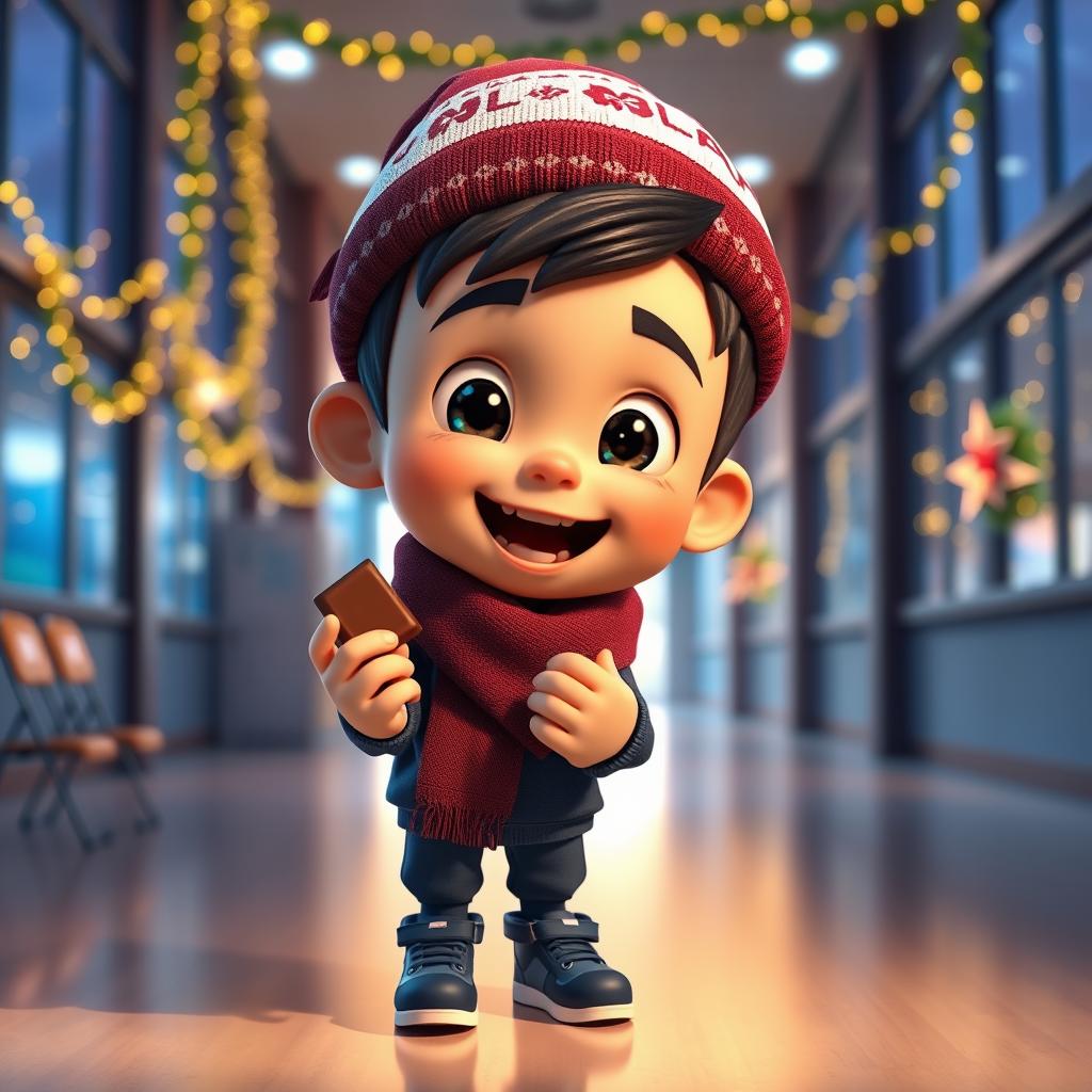 An animated 3D scene depicting a joyful 6-year-old boy named Nil, who is gleefully eating chocolates inside a school