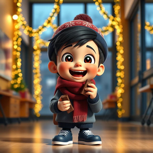 An animated 3D scene depicting a joyful 6-year-old boy named Nil, who is gleefully eating chocolates inside a school