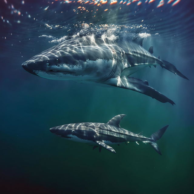 A high-definition, cinematic underwater photograph depicts an elderly mermaid, an old humpback whale, and a 20ft great white shark swimming together in harmony