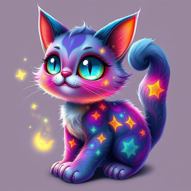 A whimsical fantasy cat with vibrant colors and intricate patterns on its fur