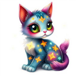 A whimsical fantasy cat with vibrant colors and intricate patterns on its fur