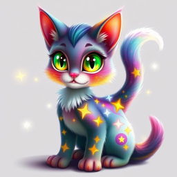 A whimsical fantasy cat with vibrant colors and intricate patterns on its fur