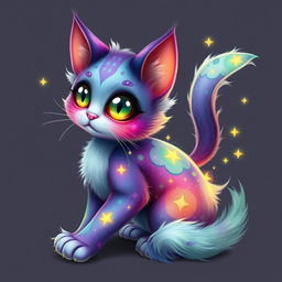 A whimsical fantasy cat with vibrant colors and intricate patterns on its fur