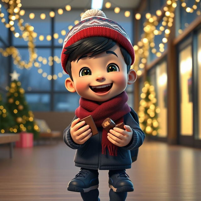 An animated 3D scene showcasing a joyous 6-year-old boy named Nil, who is gleefully eating chocolates inside a school