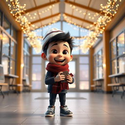 An animated 3D scene showcasing a joyous 6-year-old boy named Nil, who is gleefully eating chocolates inside a school