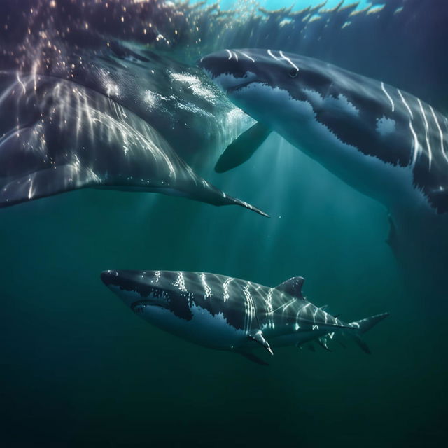 This is a high-definition, cinematic underwater photograph of an elderly mermaid, with gray hair and wrinkled skin, swimming peacefully alongside a humpback whale and a 20ft great white shark