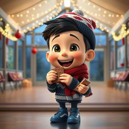 An animated 3D scene showcasing a joyous 6-year-old boy named Nil, who is gleefully eating chocolates inside a school