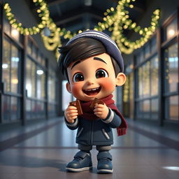 An animated 3D scene showcasing a joyous 6-year-old boy named Nil, who is gleefully eating chocolates inside a school