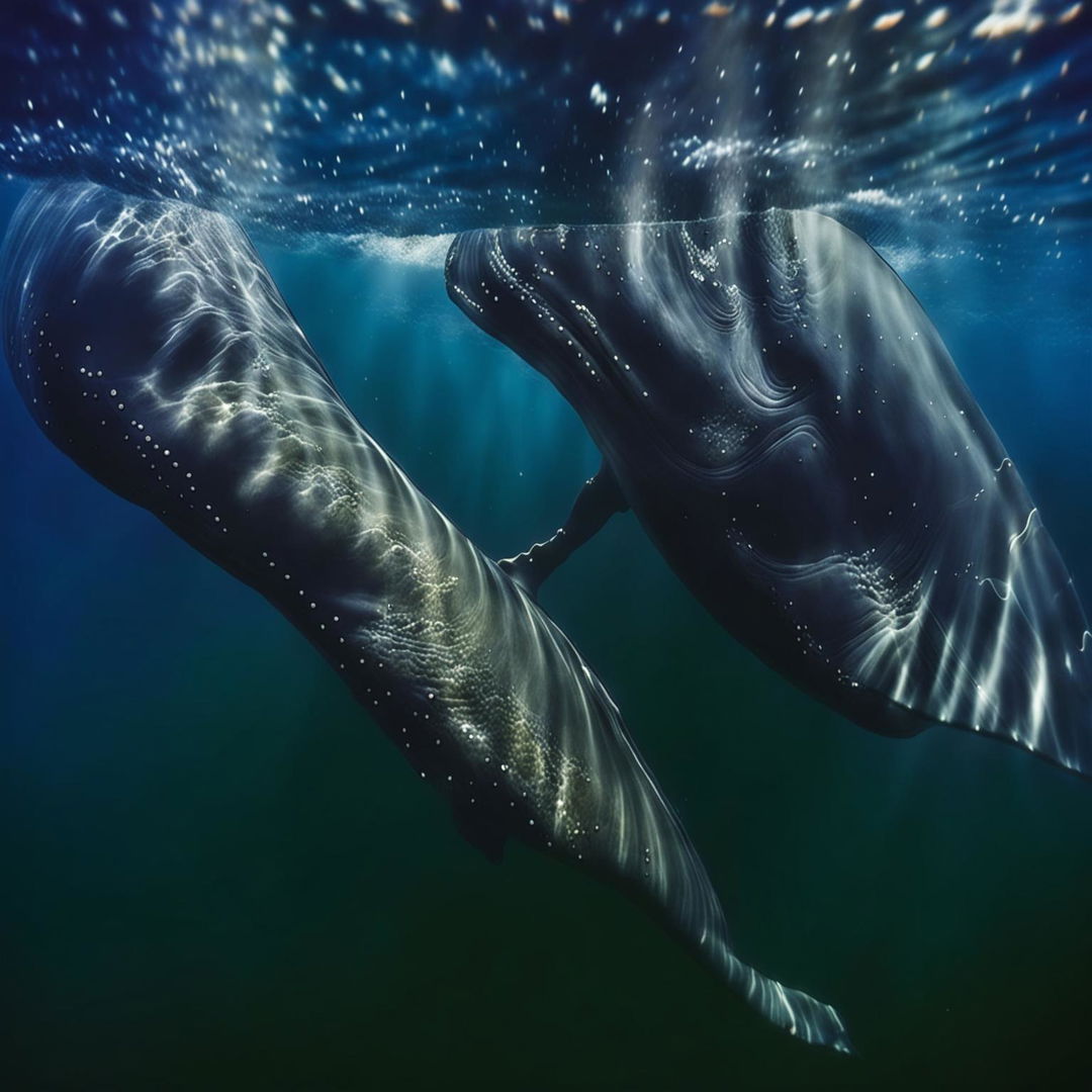 An HD cinematic photograph taken underwater, featuring an elderly mermaid swimming alongside an old humpback whale