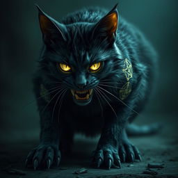 A haunting fantasy cat with dark, shadowy fur and piercing, glowing eyes that exude an eerie allure