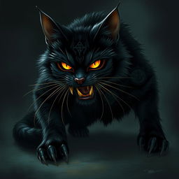 A haunting fantasy cat with dark, shadowy fur and piercing, glowing eyes that exude an eerie allure