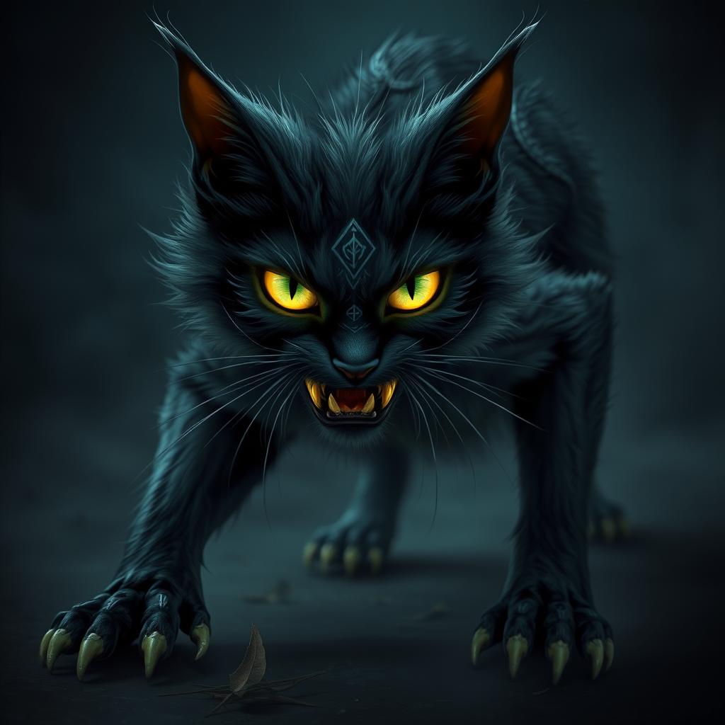 A haunting fantasy cat with dark, shadowy fur and piercing, glowing eyes that exude an eerie allure