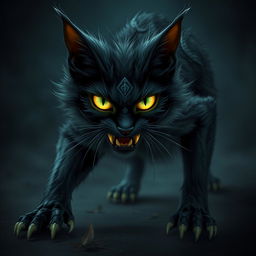 A haunting fantasy cat with dark, shadowy fur and piercing, glowing eyes that exude an eerie allure