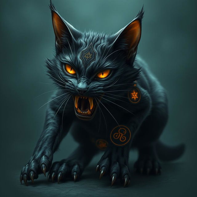 A haunting fantasy cat with dark, shadowy fur and piercing, glowing eyes that exude an eerie allure