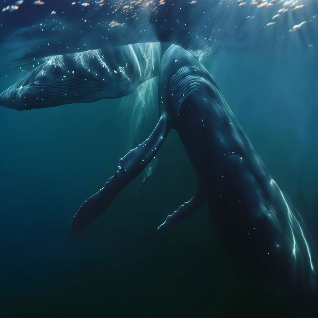 This high-definition, wide-angle underwater shot features an elderly mermaid with silver hair swimming alongside an old humpback whale